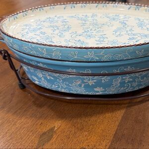 Temp-Tations Blue and Cream Floral Bakeware Set